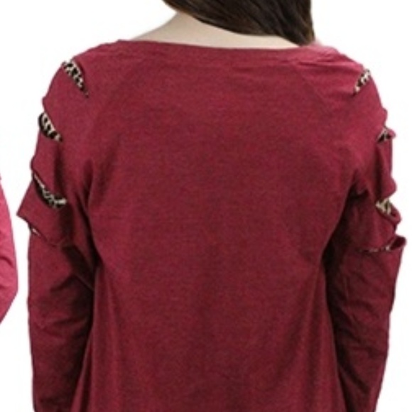 Burgundy w/ Leopard Cutouts Long Sleeve Tee - Picture 2 of 2